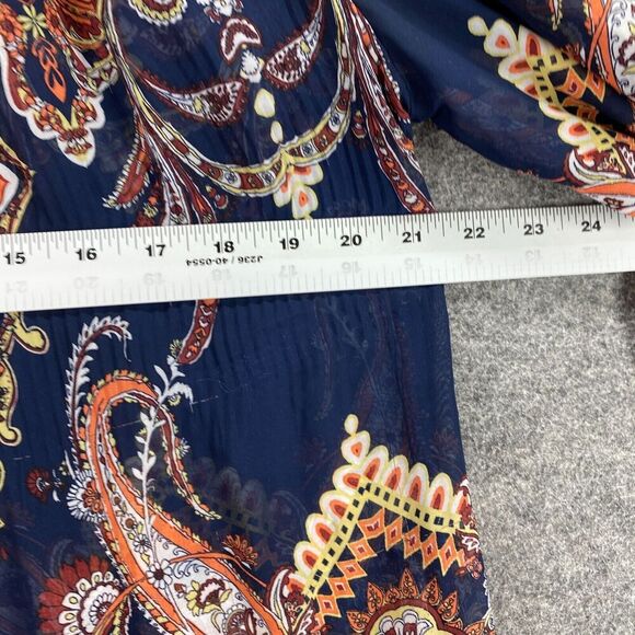 5/$45 Cato Blouse Women S Small Blue Geometric Crew Neck Tasseled Long Sleeve - Picture 8 of 10